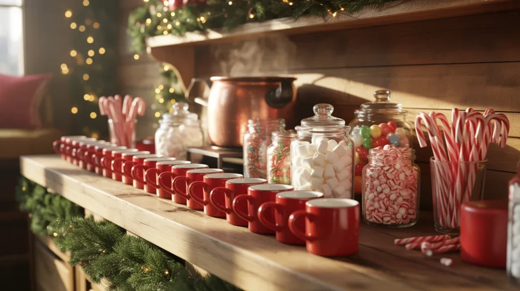Hot cocoa bar with red mugs, green jars, candy canes, and marshmallows for cozy Christmas kitchen vibes.
