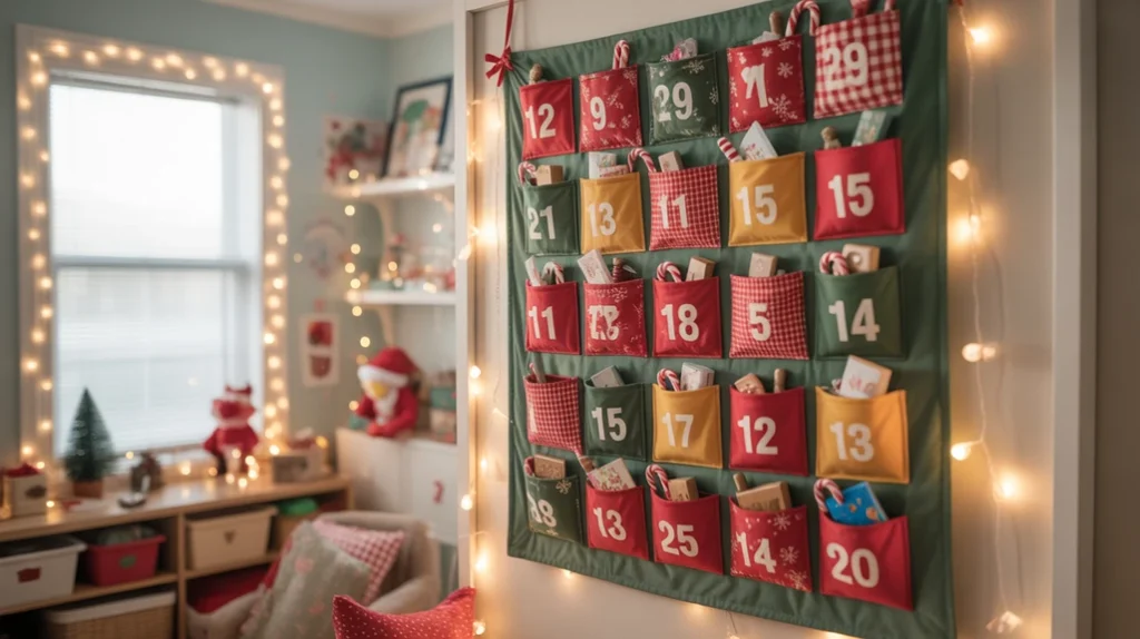 advent calendar display with numbered pockets in kids Christmas bedroom