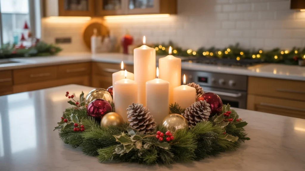 Kitchen island decorated with Christmas centerpiece of candles and greenery