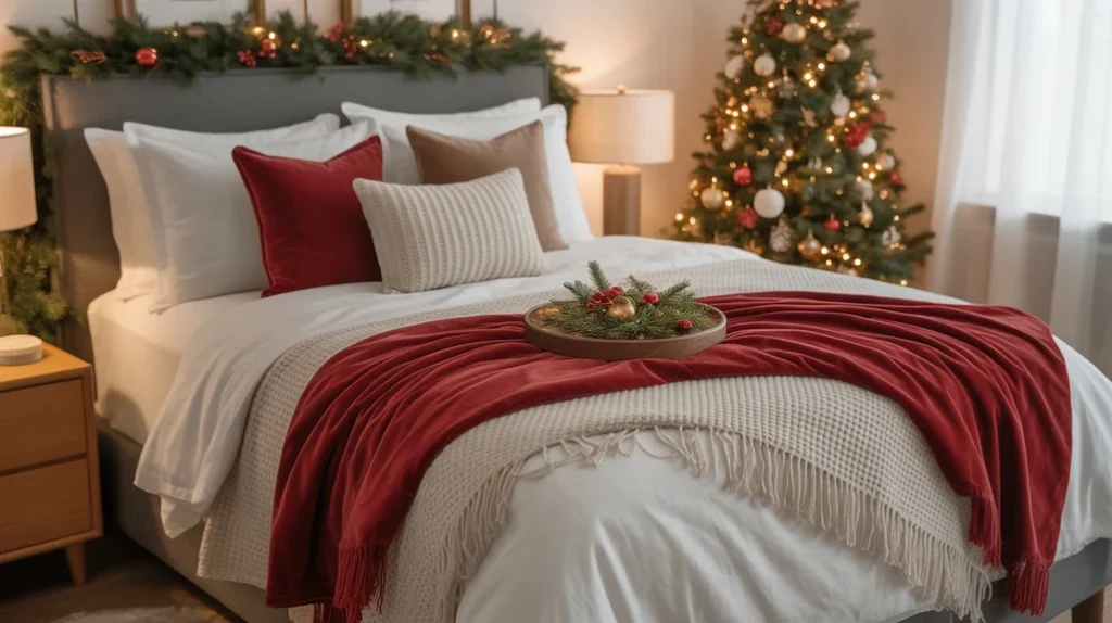 Layered bedding setup with Christmas throws and pillows adding festive comfort and depth.