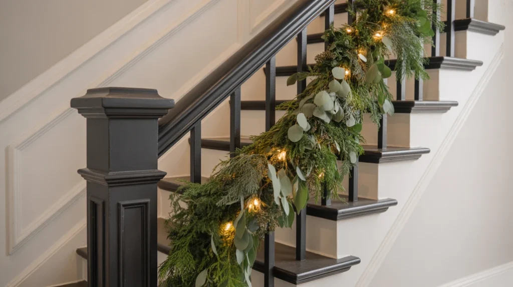“Layered mixed greenery garland on staircase featuring pine, cedar, and eucalyptus”