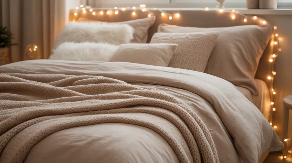 layered beige and taupe bedding adding depth to a modern neutral Christmas bedroom design