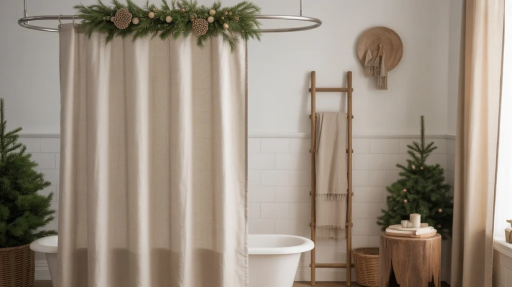Neutral linen shower curtain creating an earthy, organic Christmas look in a natural bathroom setting.