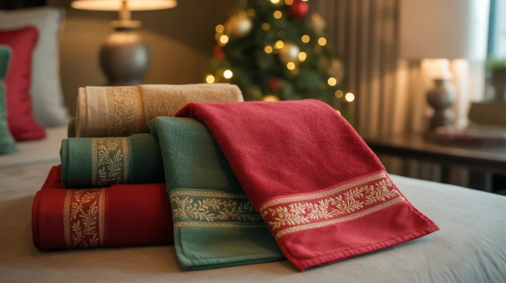 luxury red, green, and gold christmas towels styled for an elegant holiday bathroom