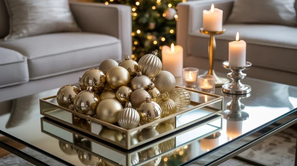 metallic gold and silver coffee table decorations for modern Christmas living room”