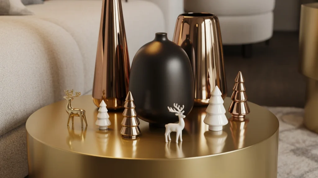 Gold side table and shelves styled with candles and ornaments for festive home decor.