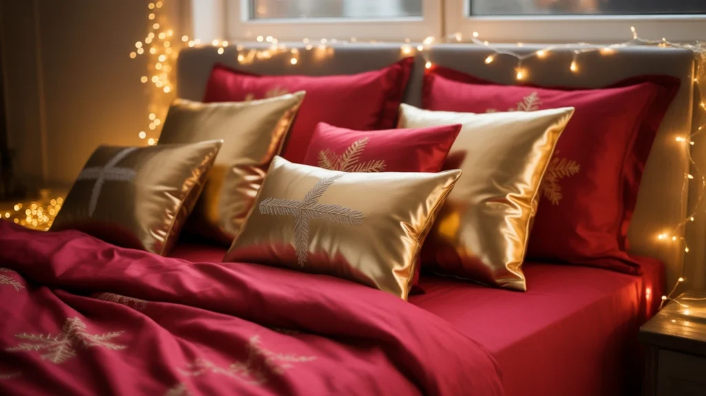 Gold and silver cushions adding festive sparkle to red Christmas bedding design