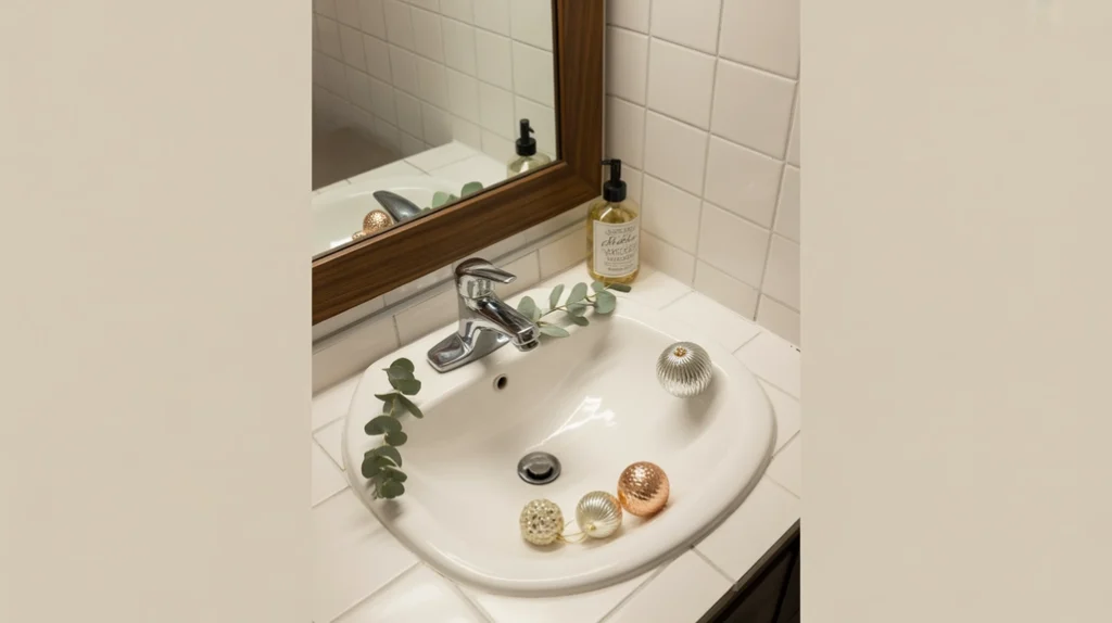 bathroom sink styled with mini christmas ornaments and simple winter greenery