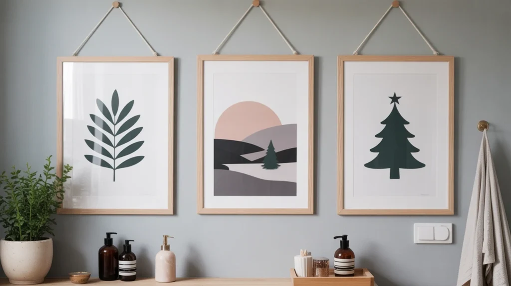 minimal winter bathroom art featuring neutral botanical prints and calm holiday styling