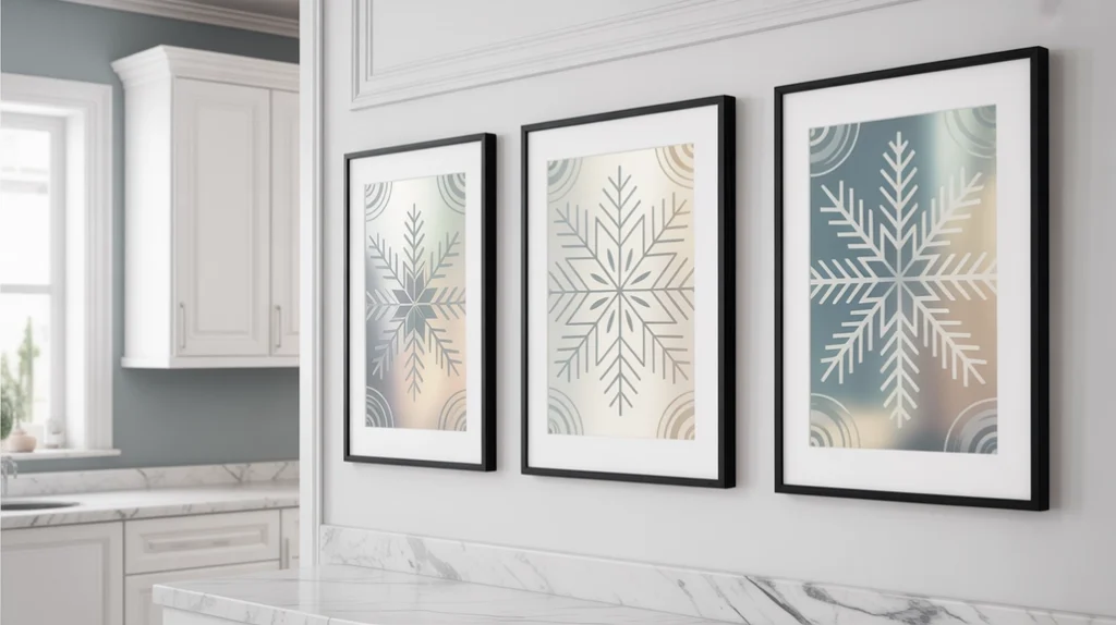 Minimalist Christmas wall art in a modern kitchen with abstract festive prints