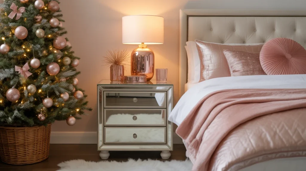 mirrored dresser and metallic accents reflecting soft lighting in elegant rose gold Christmas bedroom design