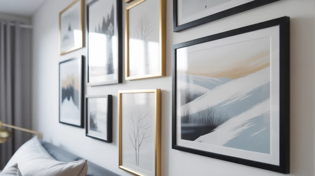 Modern wall art with winter prints and line drawings enhancing minimalist Christmas decor