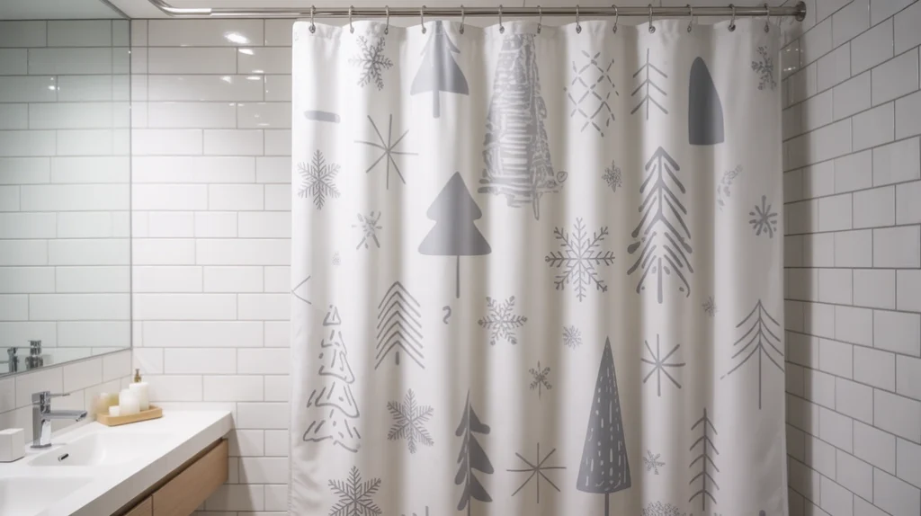 modern christmas shower curtain with simple winter patterns in a bright minimalist bathroom