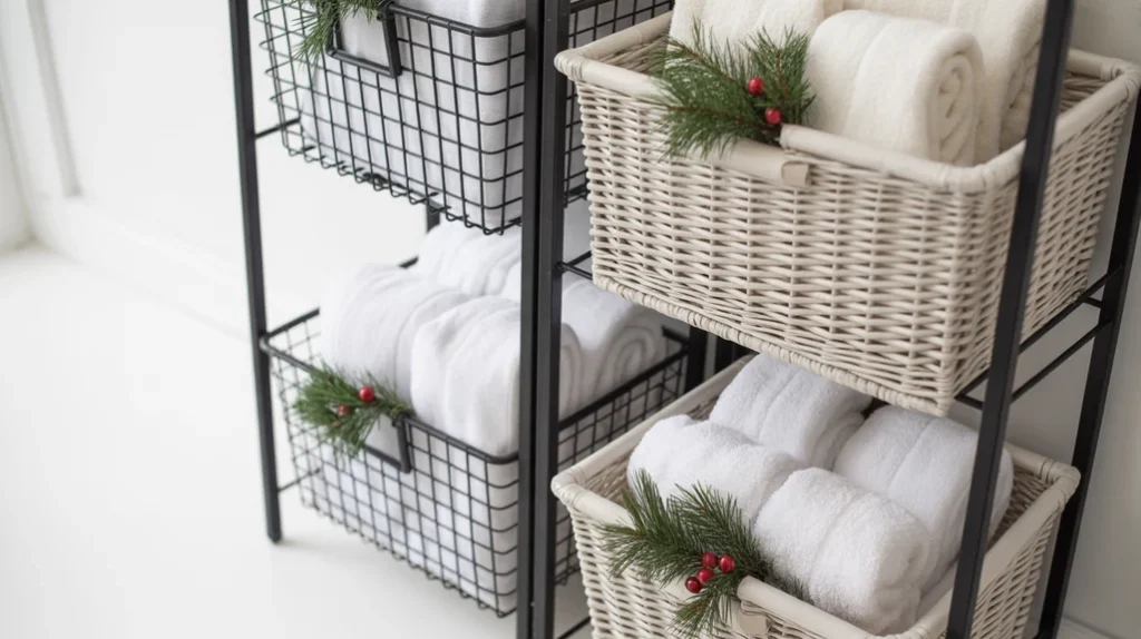 black wire and white woven storage baskets decorated with greenery for a neat christmas bathroom look