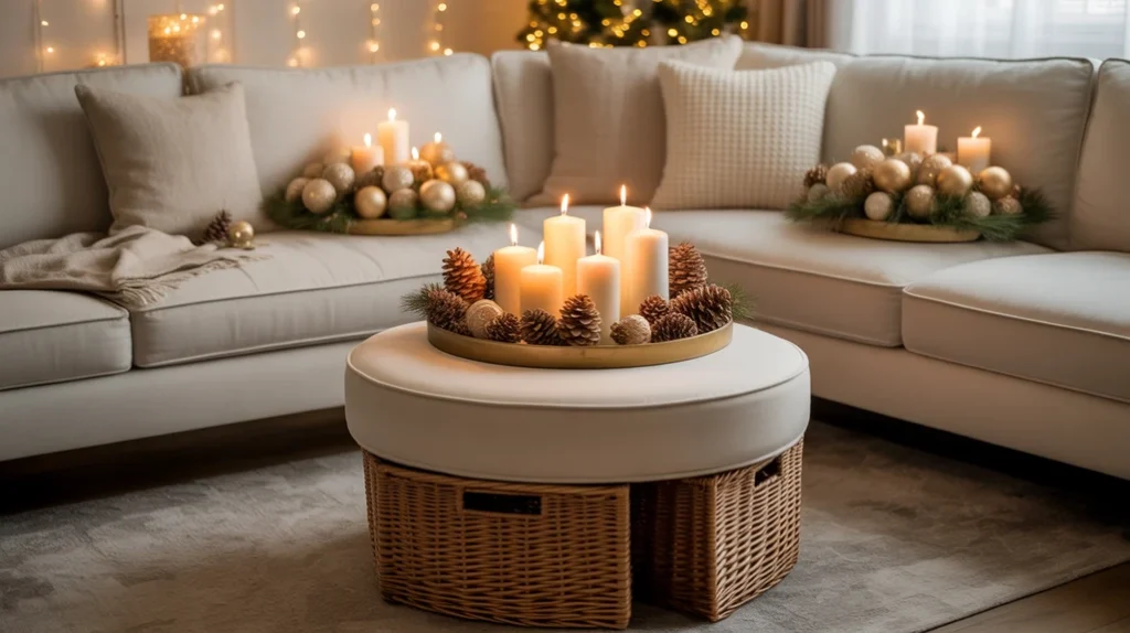 Space-saving multi-purpose furniture decorated with minimalist Christmas decor in a small apartment setup.