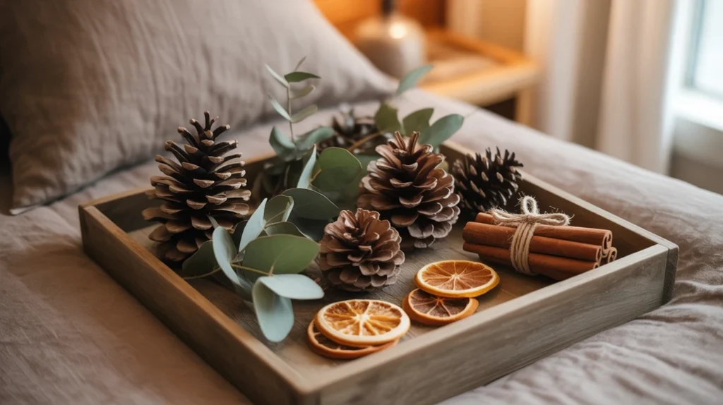 Natural elements like pinecones, eucalyptus, and cinnamon adding rustic warmth to Christmas bedroom decor