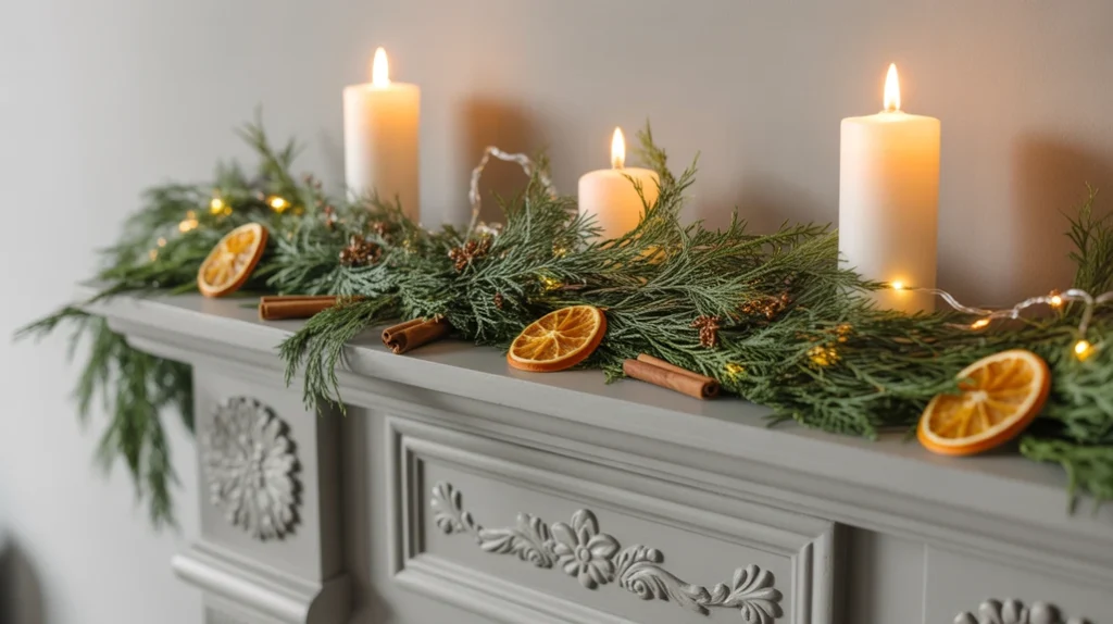 Nature-inspired Christmas fireplace mantel with pinecones and greenery