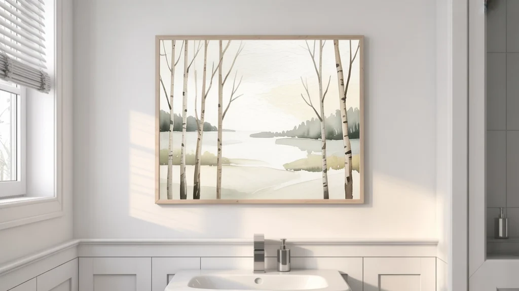Minimal Nordic winter artwork adding calm Scandinavian Christmas charm to the bathroom.