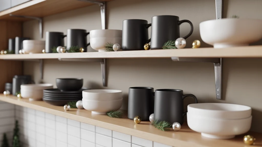 Open kitchen shelves styled with black mugs, white ceramics, and monochrome Christmas accents