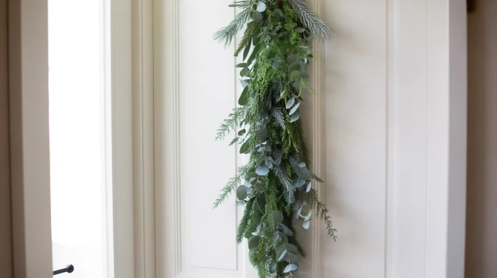 Vertical Christmas garland styled on a pantry door with natural winter greens