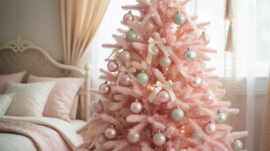 Pastel-themed Christmas tree with blush and gold ornaments
