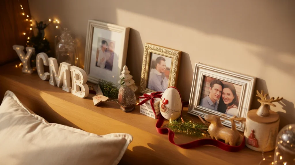 Personalized holiday bedroom decor with framed photos and initials ornaments