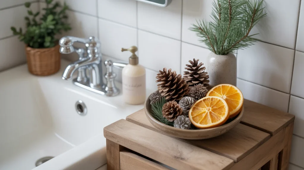 Mini pinecones and natural winter elements used as simple Hygge Christmas bathroom décor.