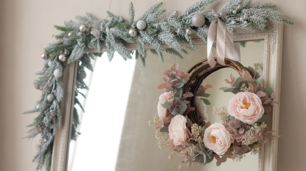 Pink floral wreath and frosted garland with silver ribbons for feminine holiday decor