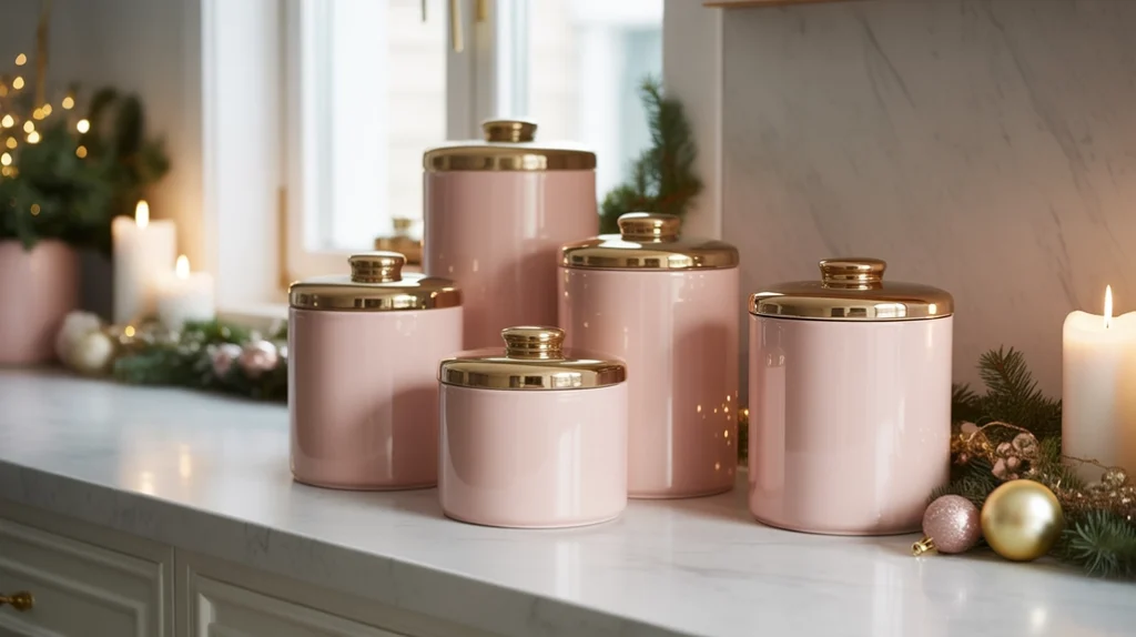 Pink kitchen canisters and blush storage jars styled for pastel Christmas countertop decor