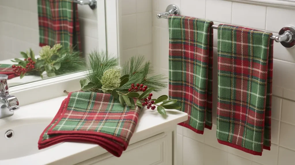 plaid christmas towels and accessories adding traditional holiday charm in bathroom