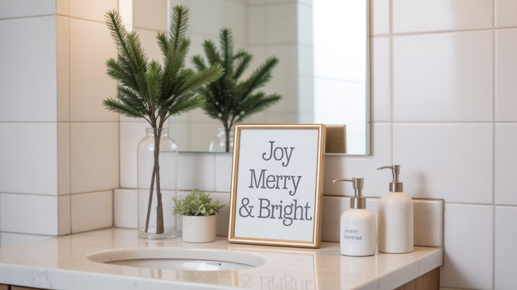 holiday quote frame displayed beside bathroom mirror with simple Christmas details