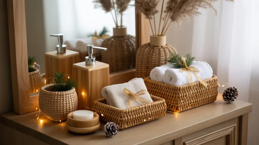 rattan and bamboo bathroom accessories bringing warm boho textures to christmas decor