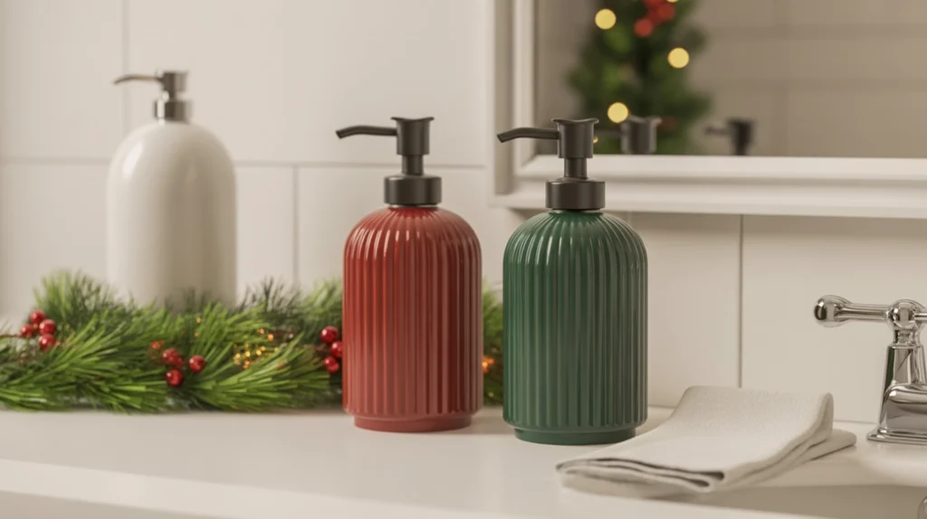 red or green bath rug bringing cozy seasonal warmth to the bathroom floor