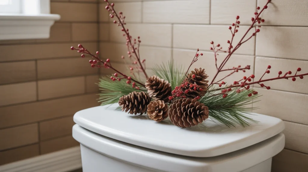 red berries and pinecones styled on toilet tank for classic christmas bathroom decor
