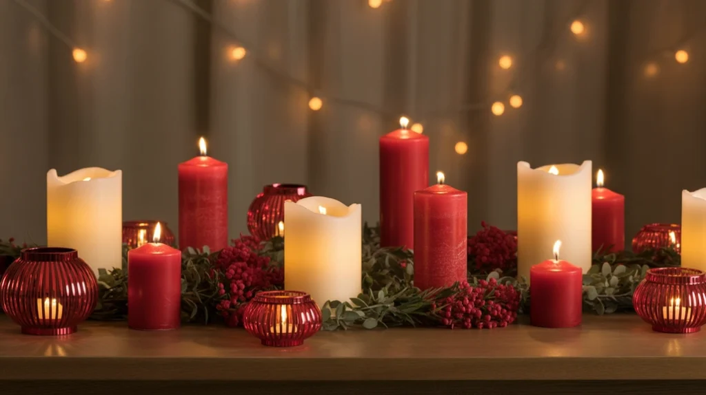 Cluster of red and white candles with lanterns providing warm, romantic Christmas glow.