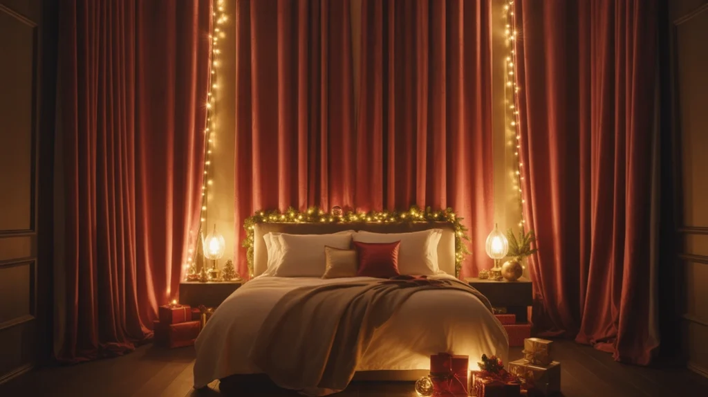 luxurious red velvet curtains adding warmth and elegance to christmas bedroom holiday design