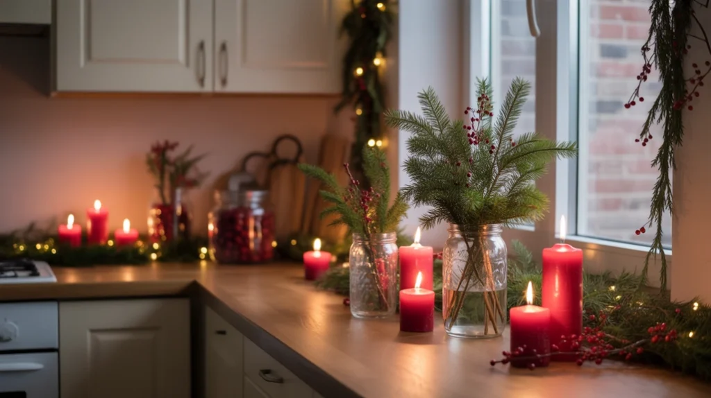 Red and green Christmas accents using candles, jars, and soft greenery in a small kitchen