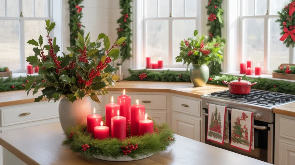 Red and green Christmas kitchen accents with candles, berries, and greenery