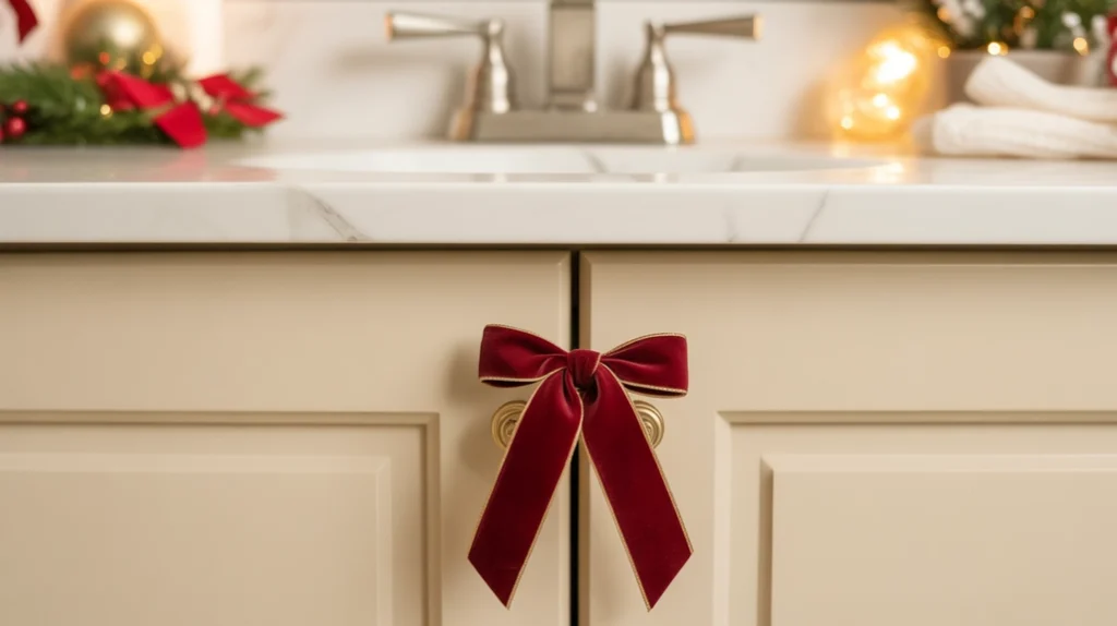 Velvet holiday ribbon tied around a cabinet knob in a simple, festive bathroom.