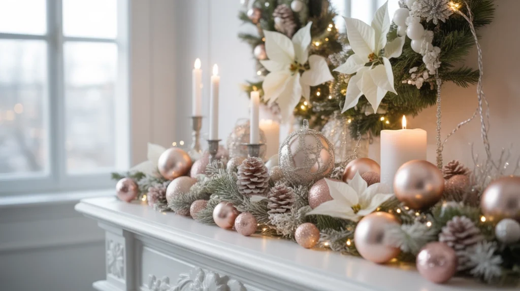 White and rose gold Christmas living room with silver details, soft lighting, and frosted holiday ornaments.