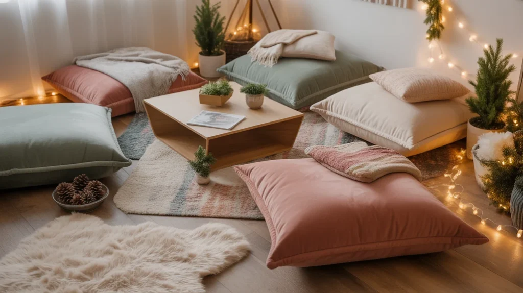 Faux fur rug and floor cushions creating a cozy holiday lounging space in a teen Christmas bedroom