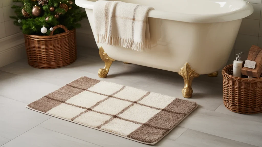 cozy rustic christmas bath mat adding winter warmth to a farmhouse bathroom