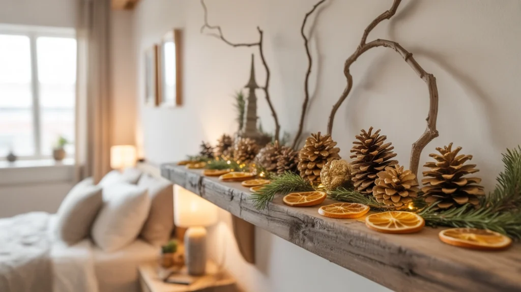 Rustic Christmas shelf decor ideas with pinecones, dried oranges, and wooden trays