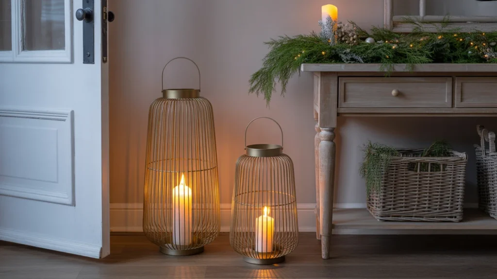 “Scandinavian lanterns with LED candles creating a warm Nordic holiday welcome”
