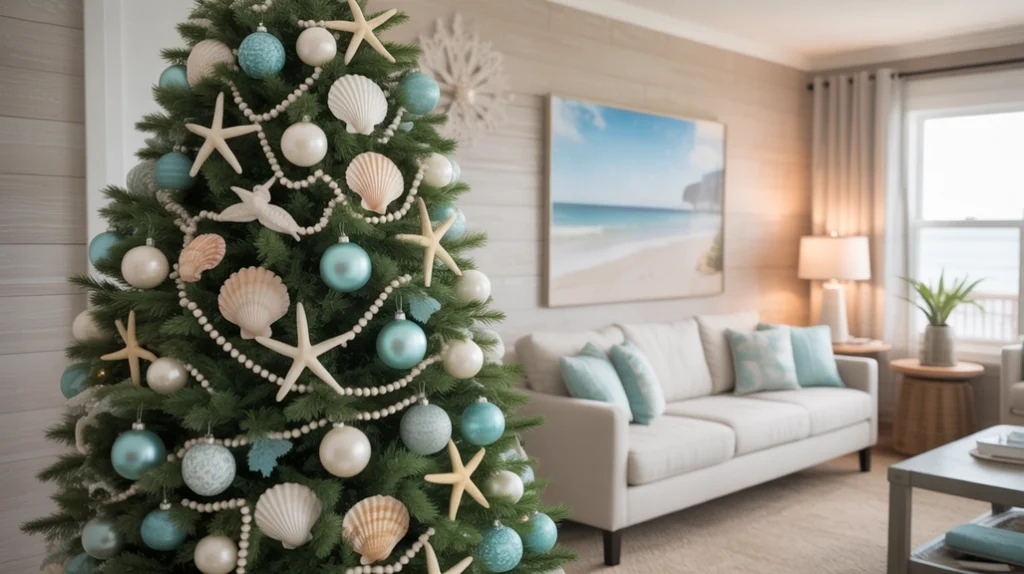 Coastal Christmas tree with turquoise ornaments, seashells, and pearl garlands