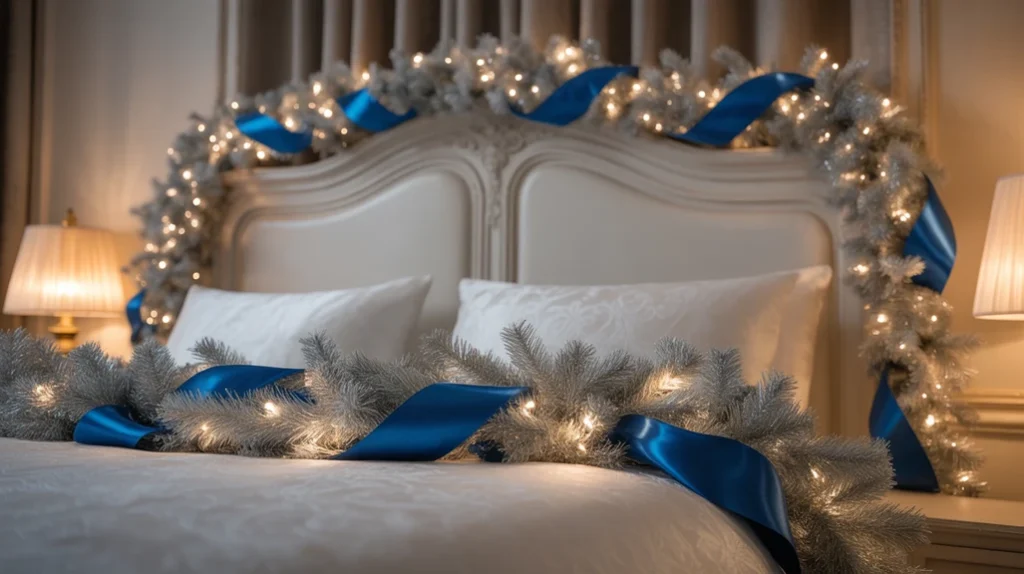 Silver metallic garlands with blue ribbons draped across the headboard, creating an elegant holiday display.
