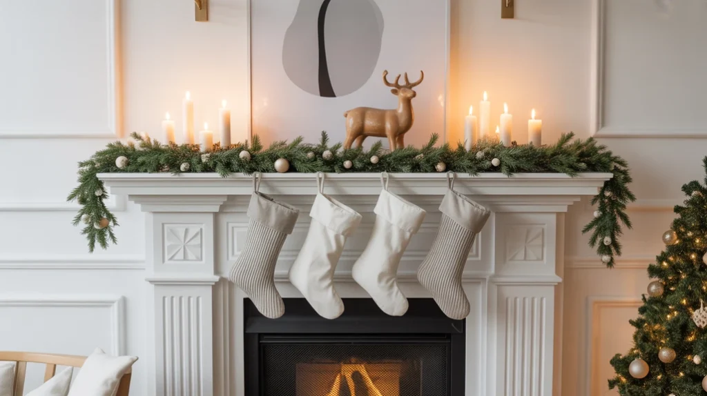 “Elegant minimalist Christmas mantel with candles, greenery garland, and ceramic accents inspired by Scandinavian interiors.”