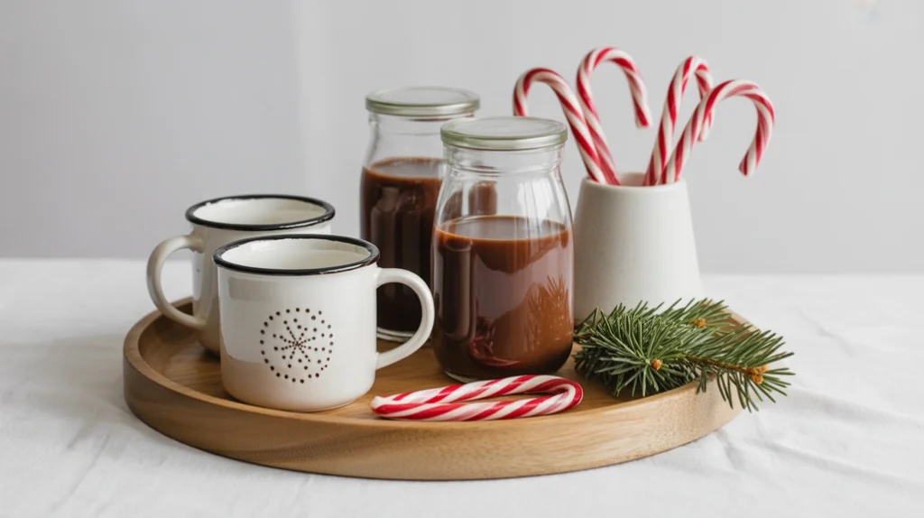 Simple hot cocoa station in minimalist Christmas kitchen, white mugs, candy canes, and greenery on wooden tray