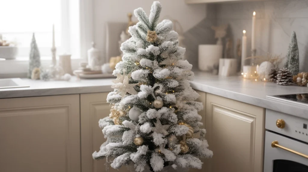 snowy flocked mini christmas tree with soft metallic ornaments in a bright kitchen corner