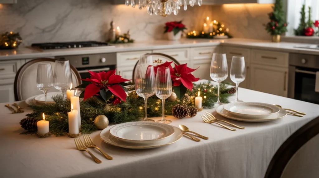 sophisticated christmas table setting with gold flatware, fine china, and crystal glasses